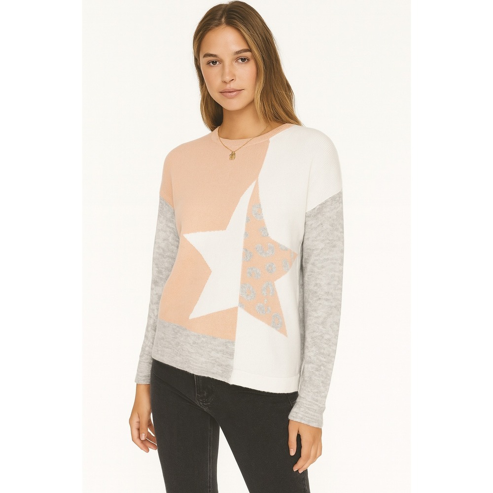 Andree By Unit Star Print Sweater Color Block Pullover Knit Top Womens Size L
